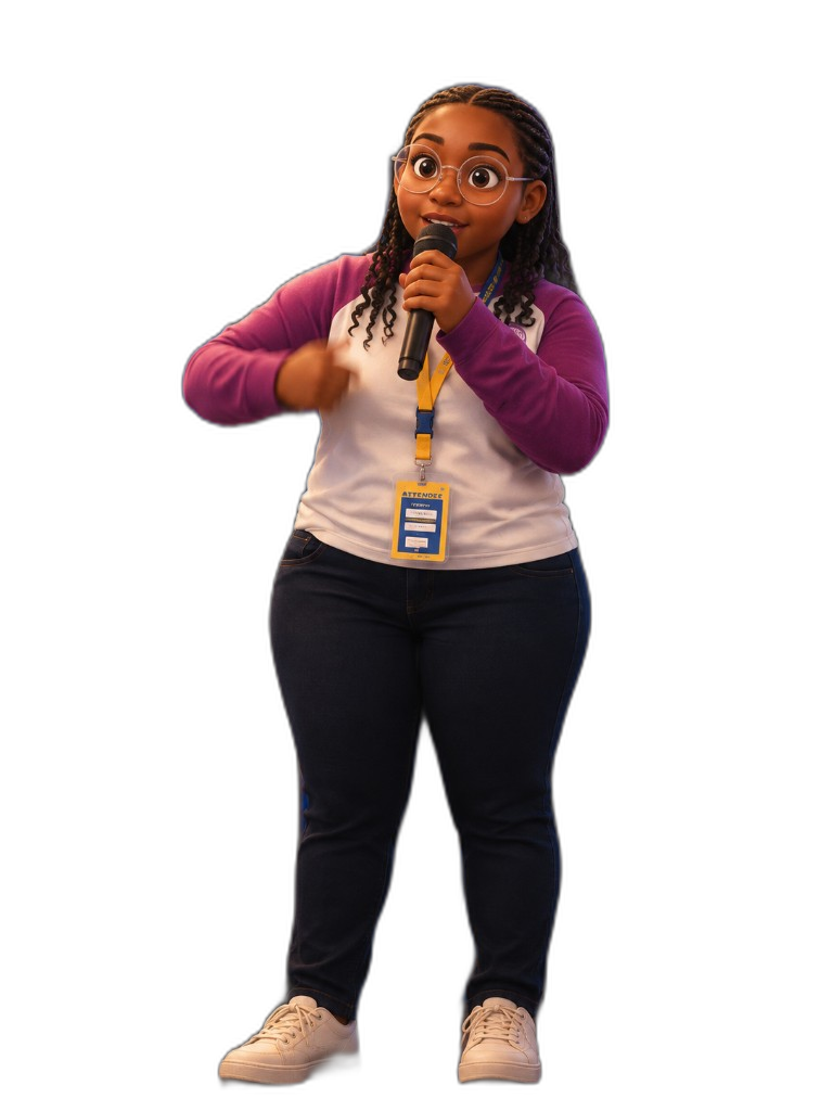 Illustrated Blessings speaking on stage with a microphone